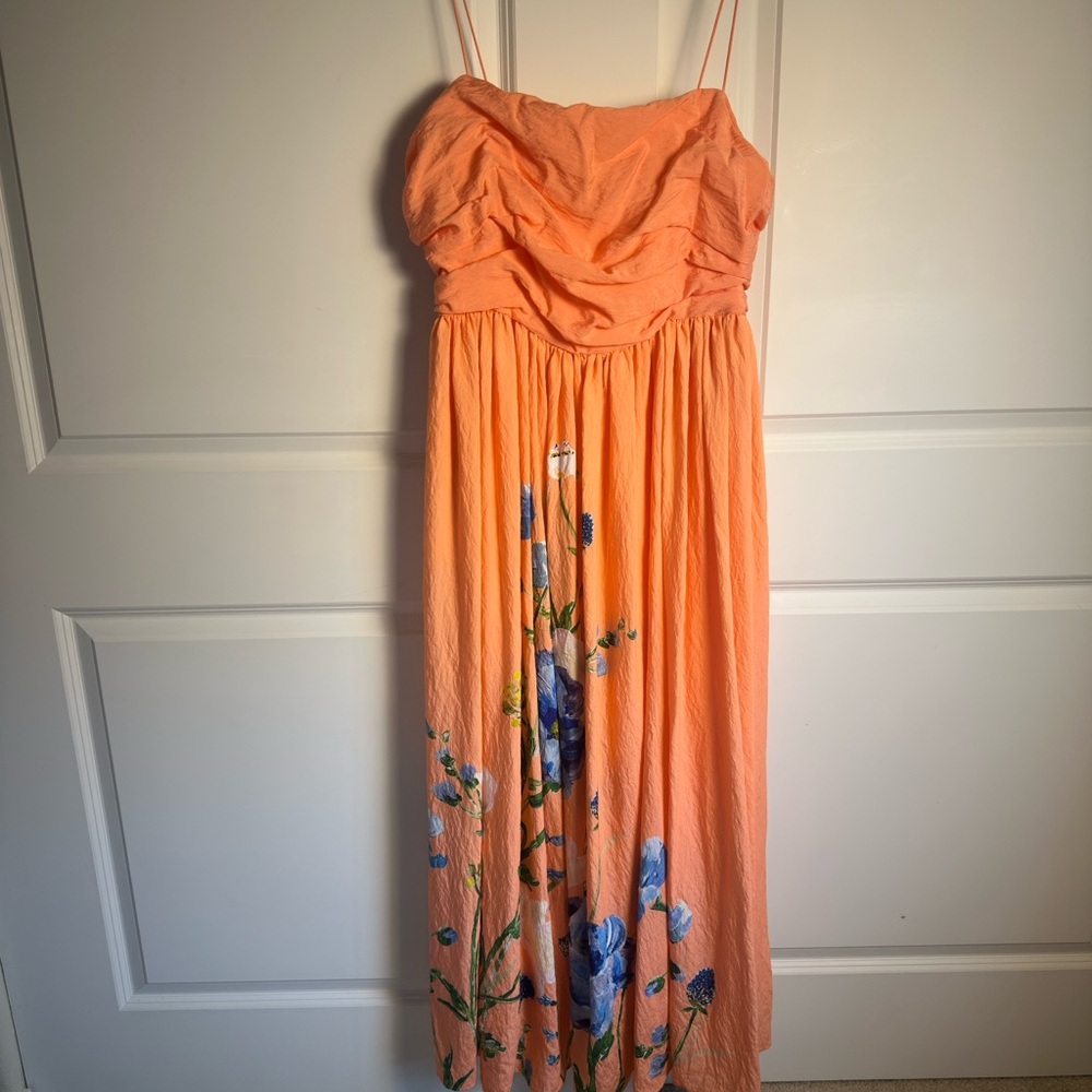 Anthropologie Coral Midi Dress with Blue Floral Hem in Large Petite